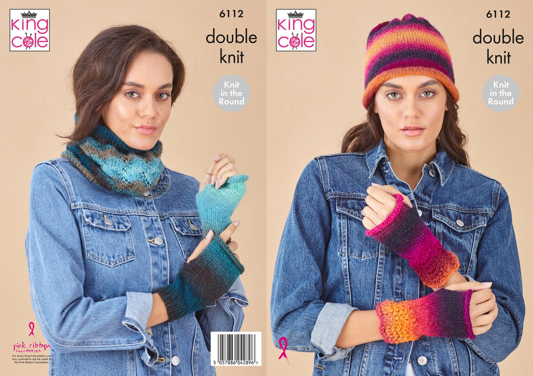 King Cole Double Knit Knitting Pattern - Ladies Hat, Cowl & Hand Warmers (6112)