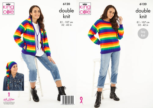 King Cole DK Knitting Pattern – Womens Sweater, Cardigan & Hat (6120)