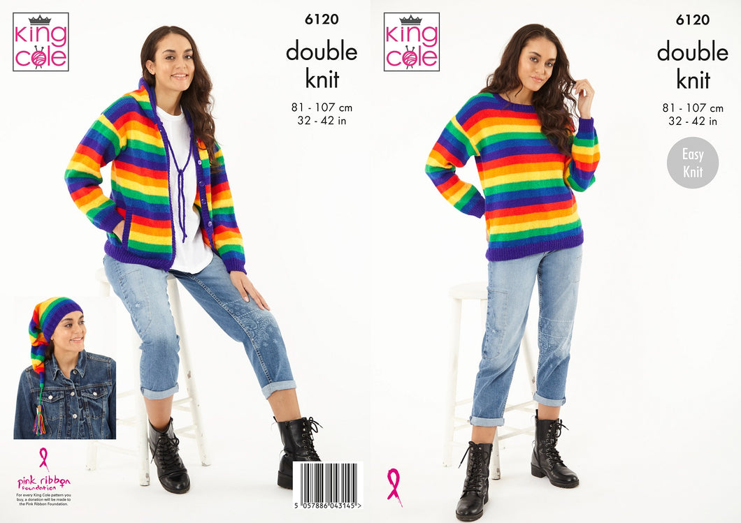 King Cole DK Knitting Pattern – Womens Sweater, Cardigan & Hat (6120)