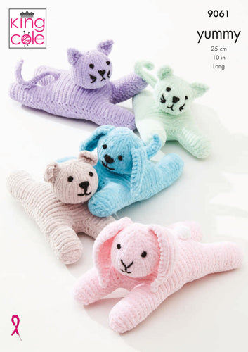 King Cole Yummy Knitting Pattern Dog Cat Tiger Cub or Rabbit Soft Toys 9061
