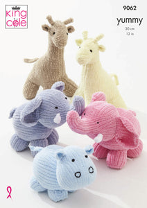 King Cole Yummy Knitting Pattern - Giraffe Hippo & Elephant Toys (9062)