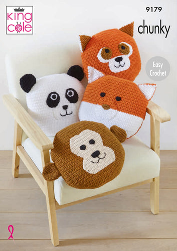 King Cole Crochet Pattern Animal Cushion Cover - Fox, Pandas and Monkey (9179)