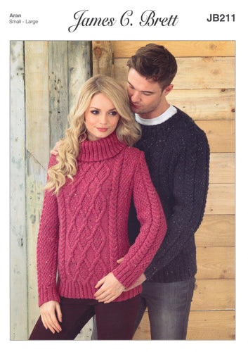 James Brett Aran Knitting Pattern - JB211 Ladies & Mens Sweater