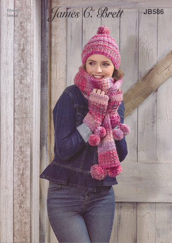 James Brett Chunky Knitting Pattern - Ladies Scarf Hat & Wrist Warmers (JB586)