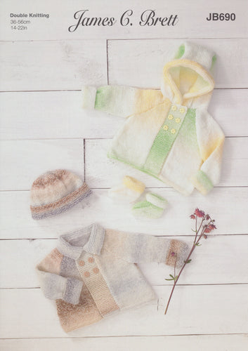 James Brett Double Knitting Pattern - Baby Jacket Hat & Bootees (JB690)