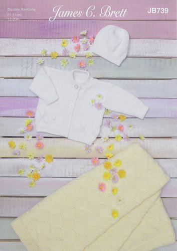 James Brett Double Knit Knitting Pattern - Baby Blanket Cardigan & Hat (JB739)