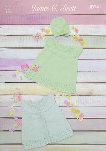 James Brett Double Knit Knitting Pattern - Baby Cardigan Sweater & Hat (JB741)