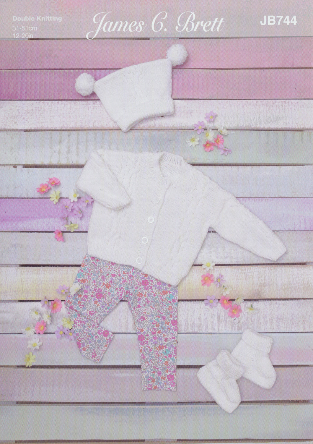 James Brett Double Knit Knitting Pattern - Baby Cardigan Hat & Bootees (JB744)
