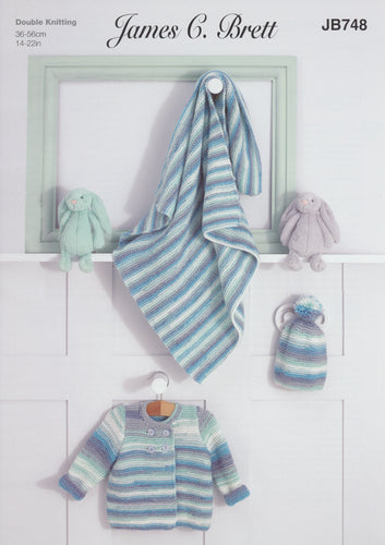 James Brett DK Knitting Pattern - Baby Cardigan Blanket & Hat (JB748)