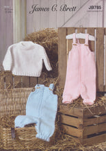 Load image into Gallery viewer, James Brett Aran Knitting Pattern - Baby Sweater &amp; Dungarees (JB785)