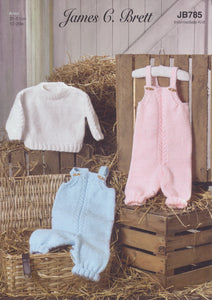 James Brett Aran Knitting Pattern - Baby Sweater & Dungarees (JB785)