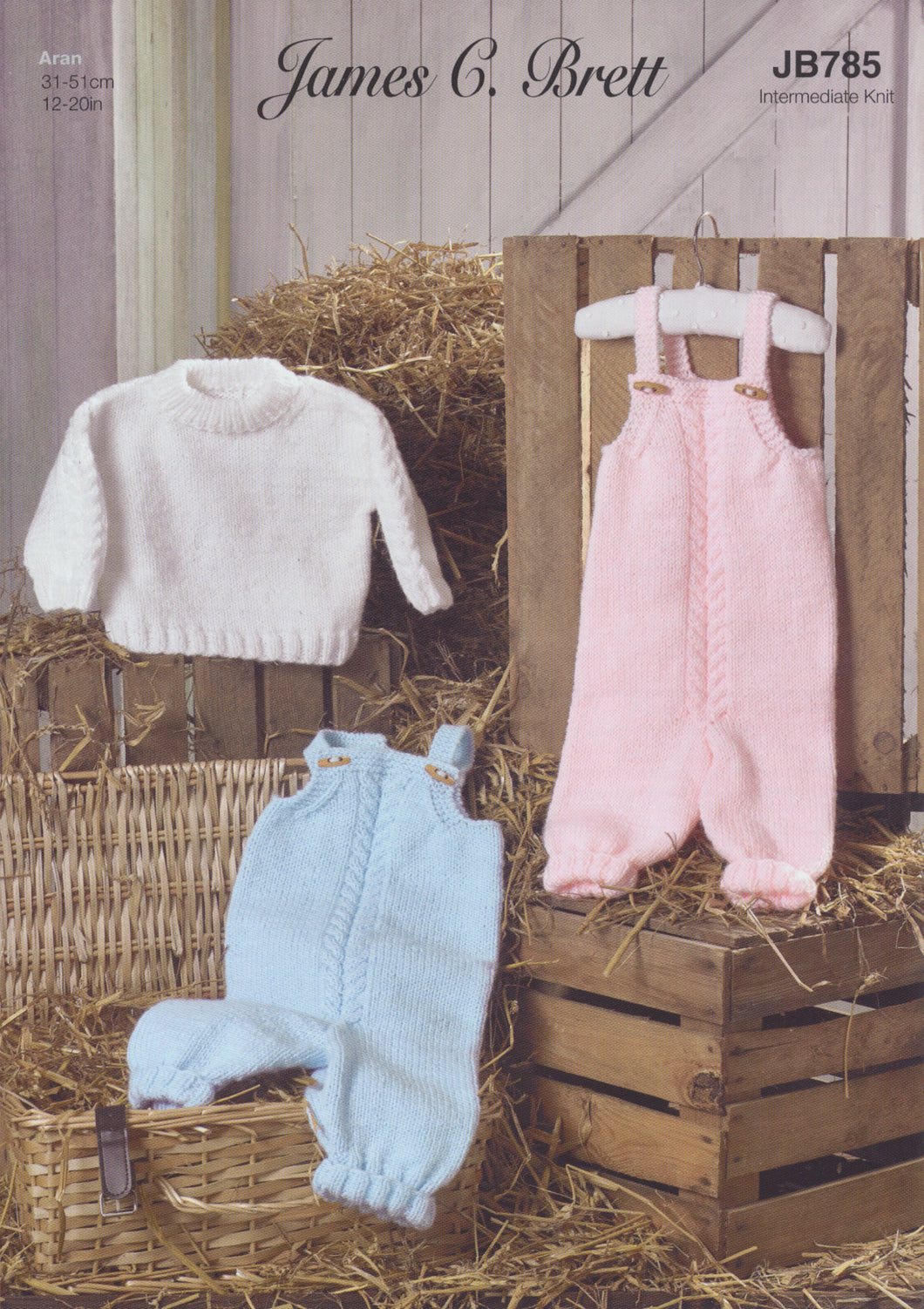 James Brett Aran Knitting Pattern - Baby Sweater & Dungarees (JB785)