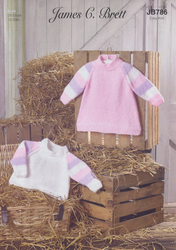James Brett Aran Knitting Pattern - Baby Sweater & Dress (JB786)