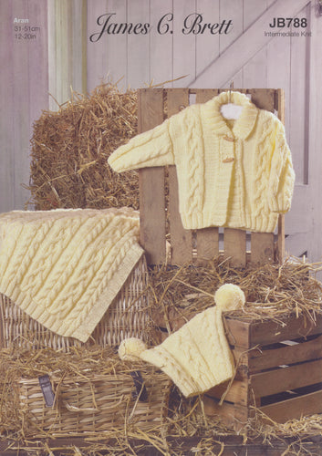 James Brett Aran Knitting Pattern - Baby Coat Hat & Blanket (JB788)