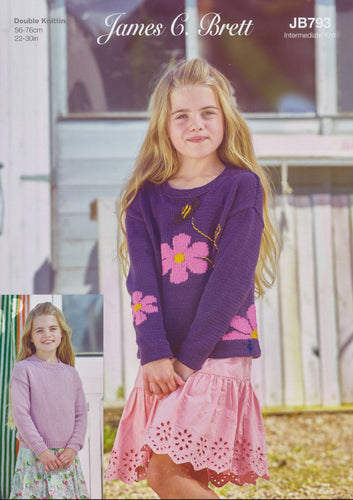 James Brett DK Knitting Pattern - Girls Flower or Plain Sweater (JB793)