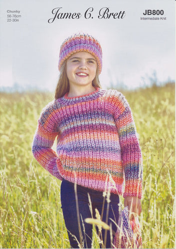 James Brett Chunky Knitting Pattern - Children's Sweater Hat & Scarf (JB800)