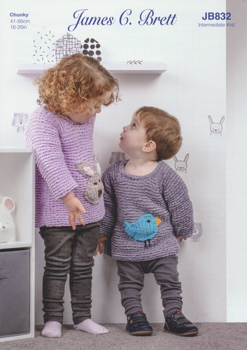 James Brett Chunky Knitting Pattern - Children's Rabbit or Bird Sweater (JB832)