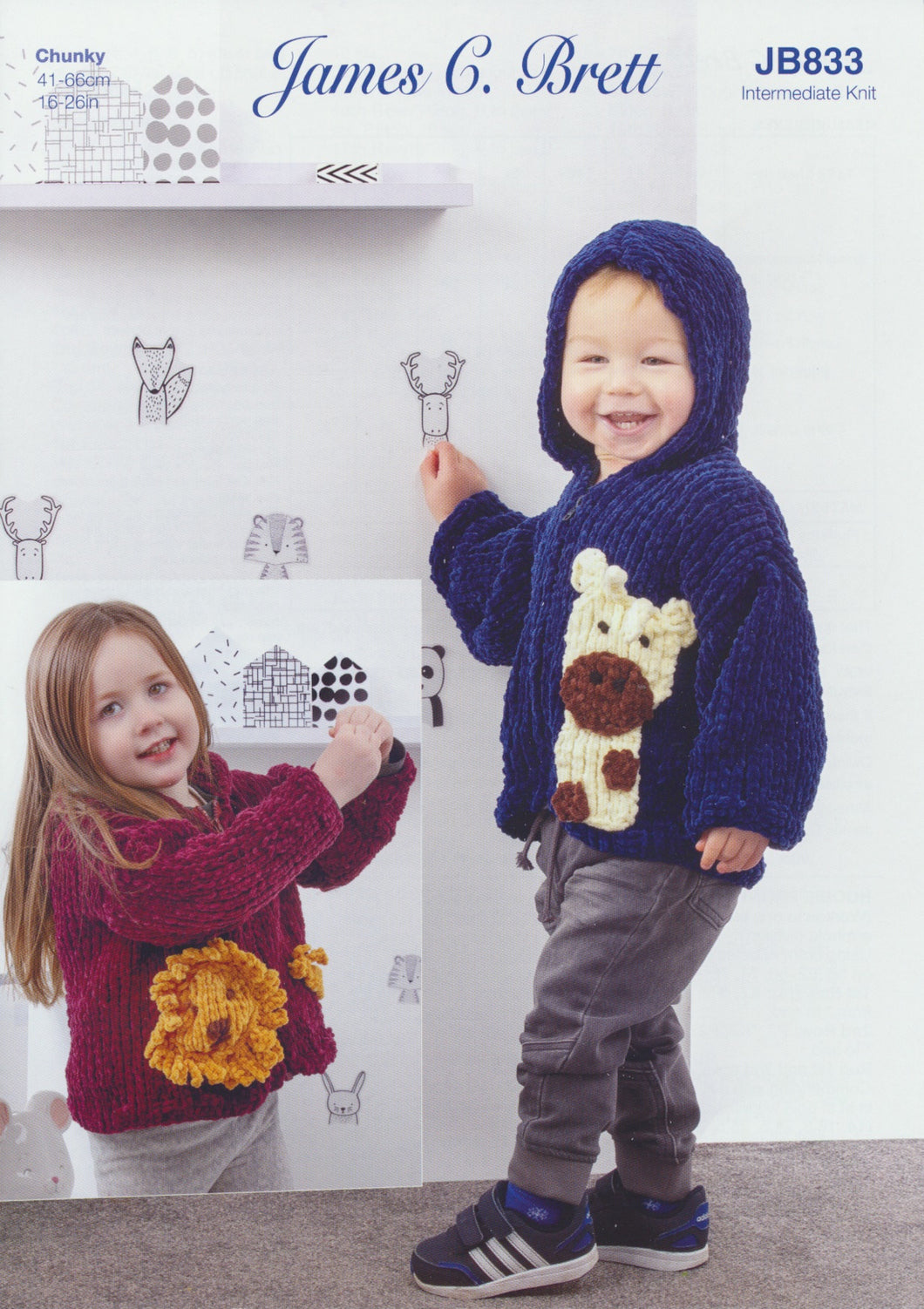 James Brett Chunky Knitting Pattern - Children's Lion or Giraffe Hoodie (JB833)