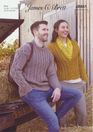 James Brett Aran Knitting Pattern - Ladies Cardigan & Mens Sweater (JB851)