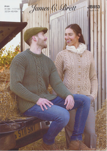 James Brett Aran Knitting Pattern - Ladies Cardigan & Mens Sweater (JB853)