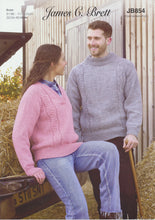Load image into Gallery viewer, James Brett Aran Knitting Pattern - Ladies &amp; Mens Sweater (JB854)