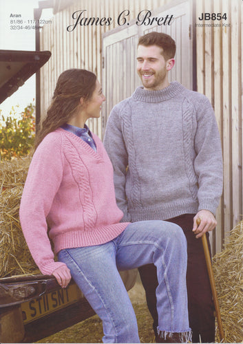 James Brett Aran Knitting Pattern - Ladies & Mens Sweater (JB854)