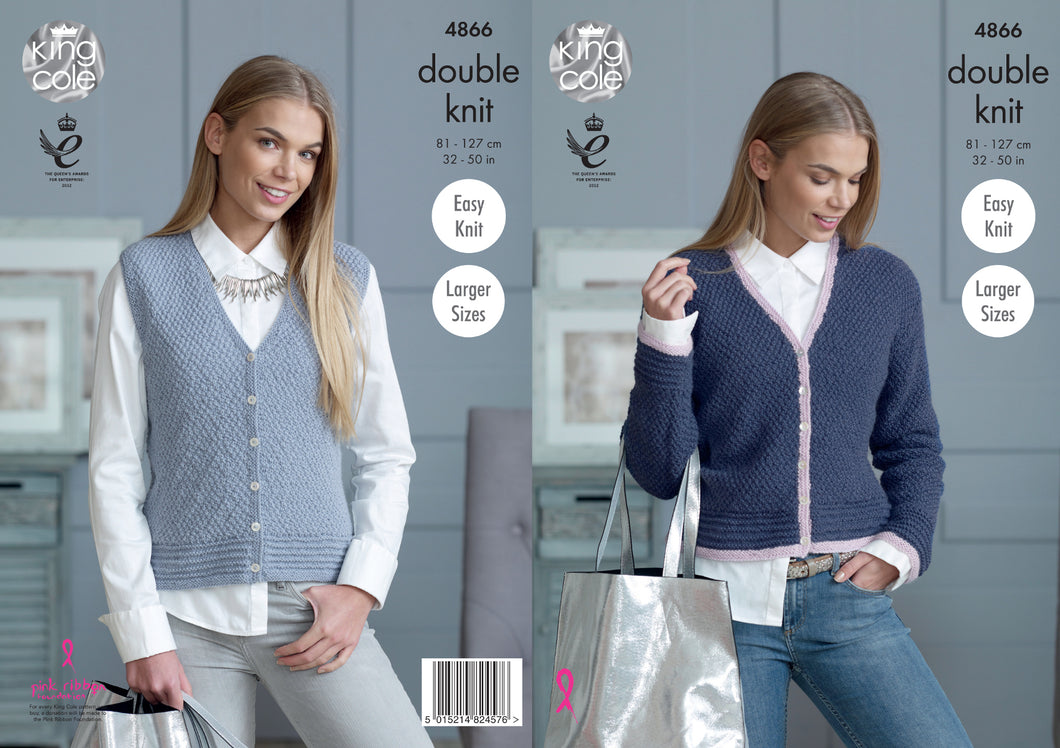 King Cole Double Knitting Pattern - Ladies Cardigan & Waistcoat (4866)
