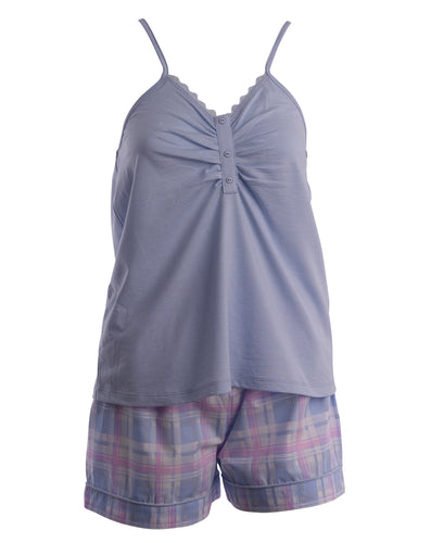 Slenderella Ladies Tartan Pyjamas - Jersey Top & Checked Shorts  Blue - UK 20/22