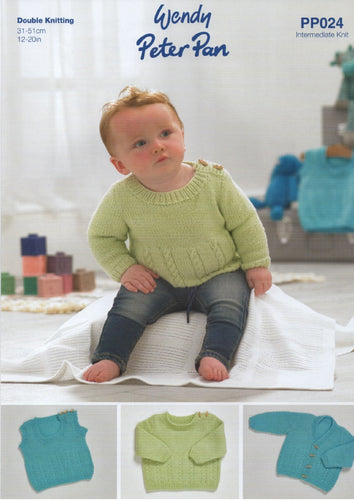 Wendy Peter Pan Baby DK Knitting Pattern – Sweater, Slipover & Cardigan (PP024)