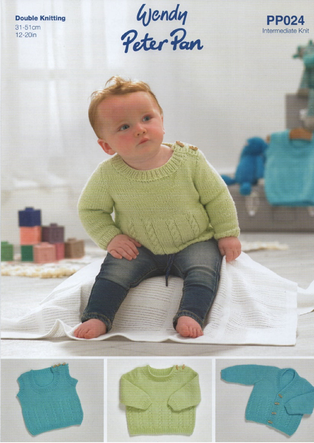 Wendy Peter Pan Baby DK Knitting Pattern – Sweater, Slipover & Cardigan (PP024)