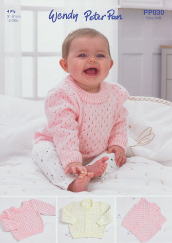 Wendy Peter Pan Baby 4 Ply Knitting Pattern - Cardigan Waistcoat & Sweater (PP030)