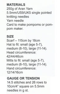 Aran Knitting Pattern for Pom Pom Hat Scarf & Mittens Set (UKHKA 150)