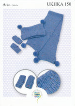 Load image into Gallery viewer, Aran Knitting Pattern for Pom Pom Hat Scarf &amp; Mittens Set (UKHKA 150)