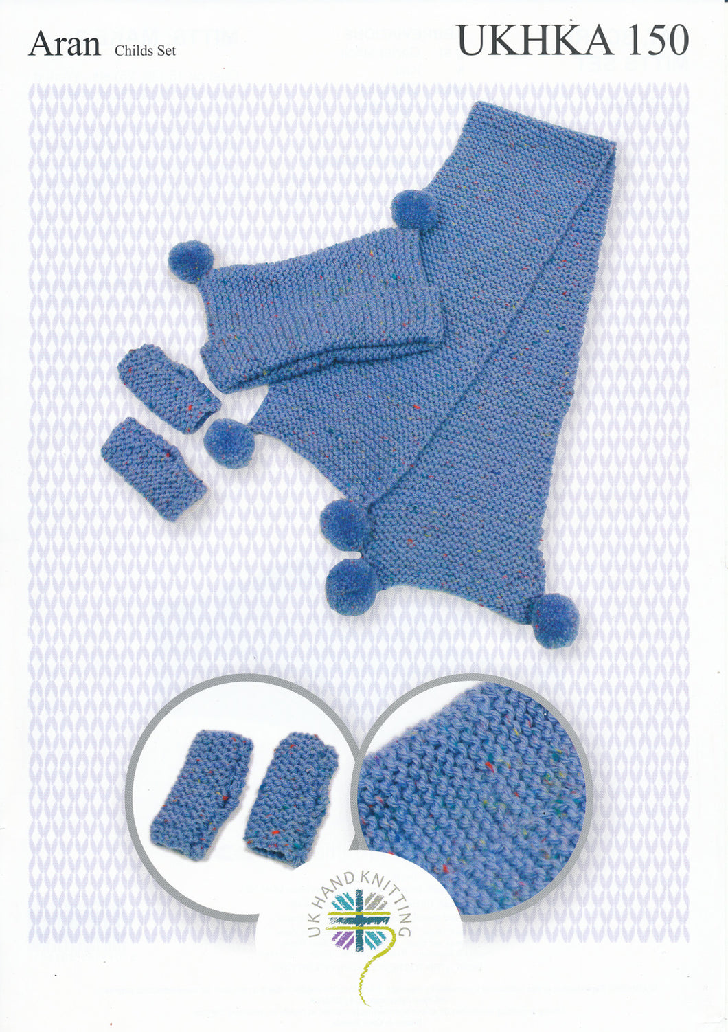 Aran Knitting Pattern for Pom Pom Hat Scarf & Mittens Set (UKHKA 150)