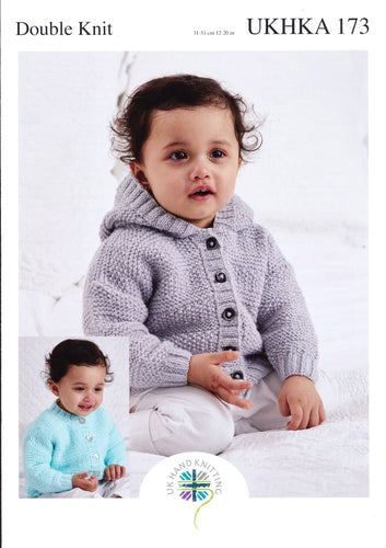 Double Knitting Pattern - Baby Hooded or Round Neck Cardigan (UKHKA 173)