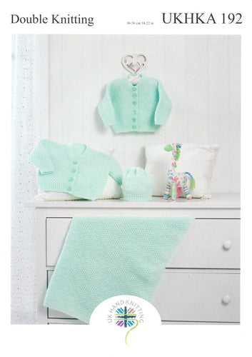 UKHKA 192 Double Knitting Pattern - Baby Cardigans Blanket & Hat