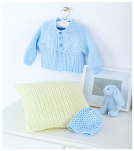 UKHKA 200 Double Knitting Pattern - Baby Cardigan Hat & Cushion