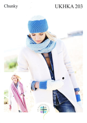 UKHKA 203 Chunky Knitting Pattern - Ladies Hat Mittens & Scarf