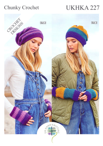 UKHKA 227 Chunky Crochet Pattern - Ladies Beanie Hat & Fingerless Mitts