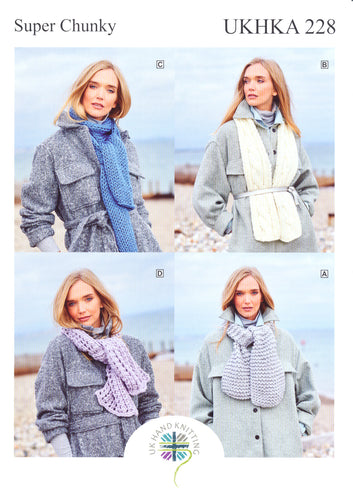 UKHKA 228 Super Chunky Knitting Pattern - Ladies & Girls Scarves