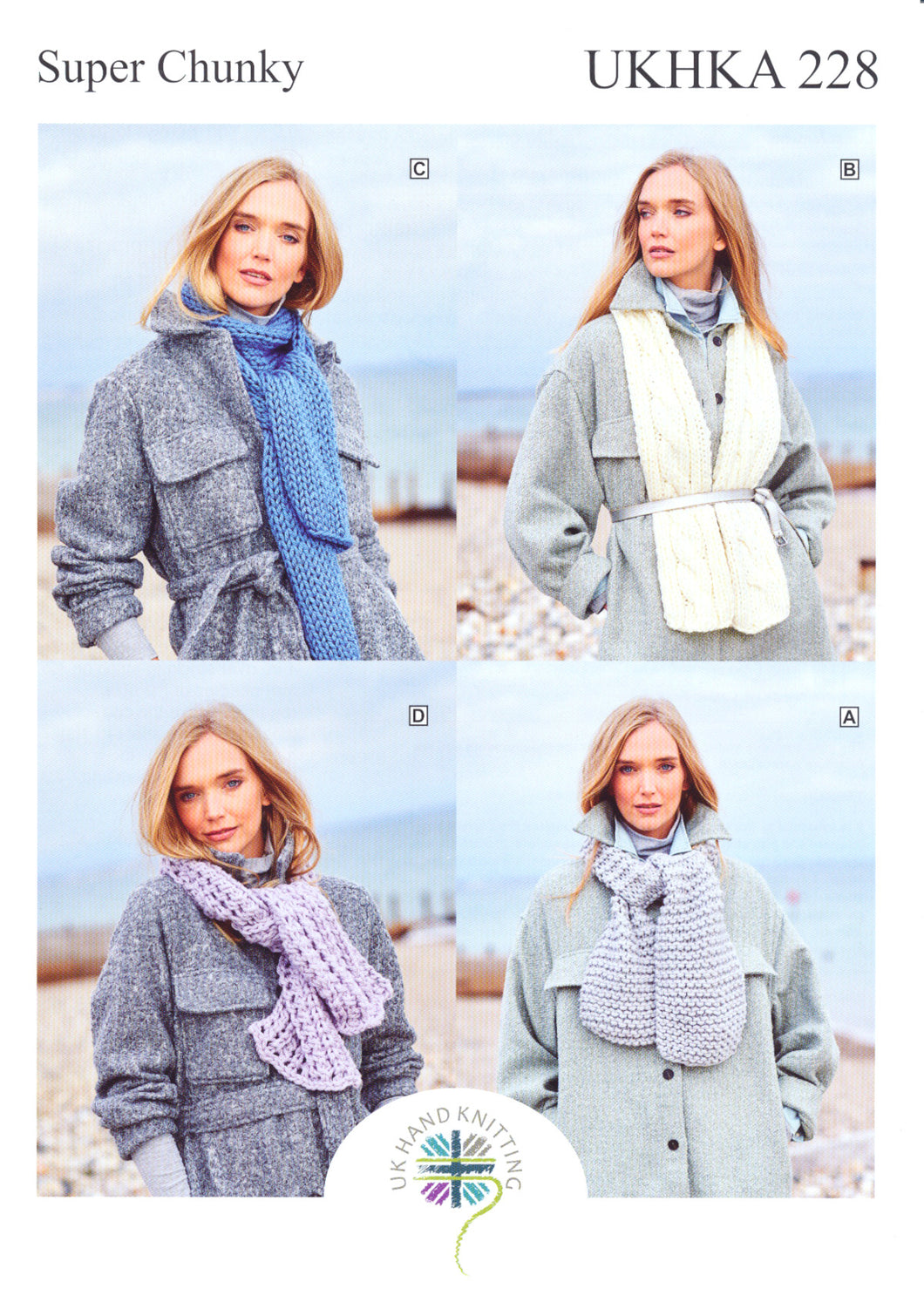 UKHKA 228 Super Chunky Knitting Pattern - Ladies & Girls Scarves