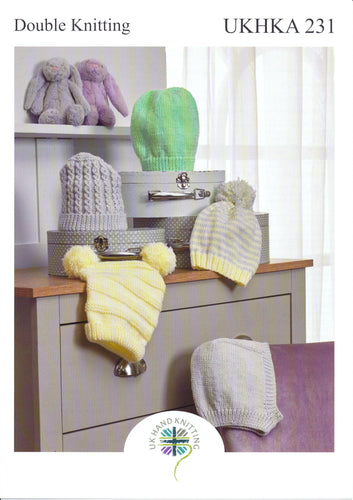 UKHKA 231 Double Knit Knitting Pattern - Baby Hats & Balaclava