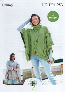 UKHKA 253 Chunky Knitting Pattern -Women's Chunky Roll Neck & Round Poncho