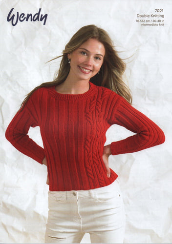 Wendy Women’s Double Knitting Pattern – Cable Knit Sweater (7021)