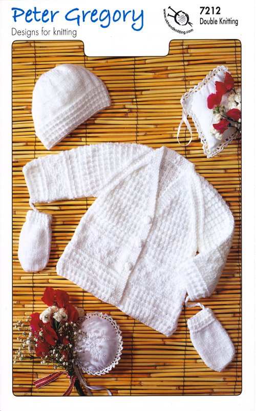 Peter Gregory Double Knitting Pattern - 7212 Baby Jacket Hat & Mittens