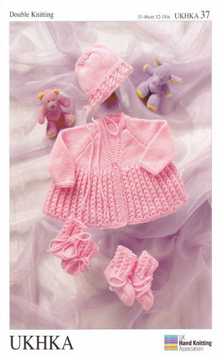 Double Knitting Pattern - UKHKA 37 Baby Coat Bonnet Bootees & Mittens