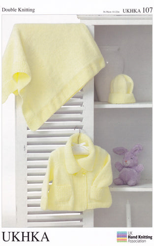 Double Knitting Pattern for Long Sleeved Jacket Hat & Blanket (UKHKA 107)
