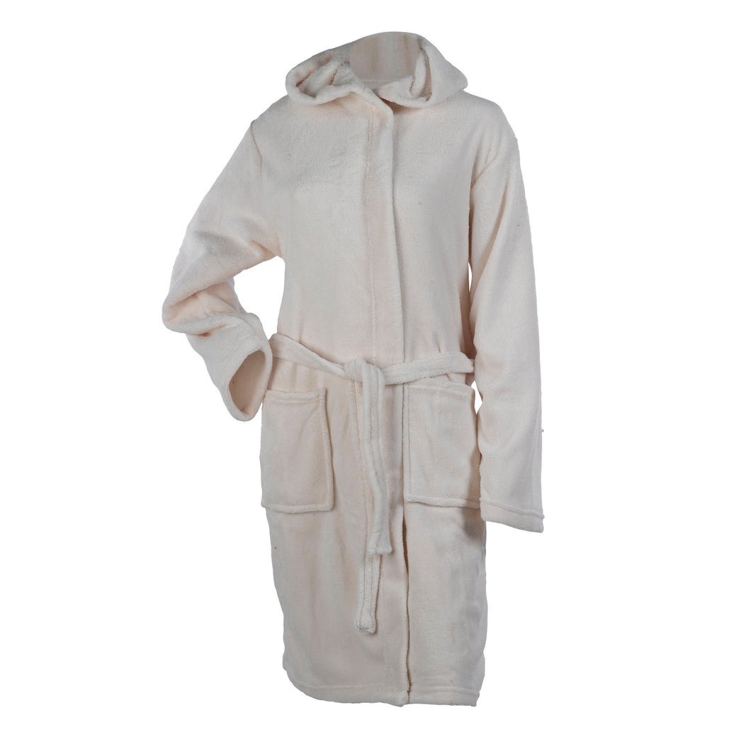 Womens Soft Coral Fleece Hooded Bathrobe Cream - Medium