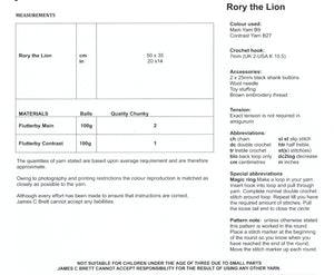 James Brett Chunky Crochet Pattern - Rory the Lion (JB402)