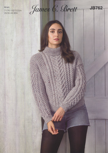 James Brett Aran Knitting Pattern - Ladies Sweater (JB762)